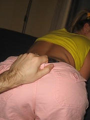 Chick in yellow T-shirt stretches her holes